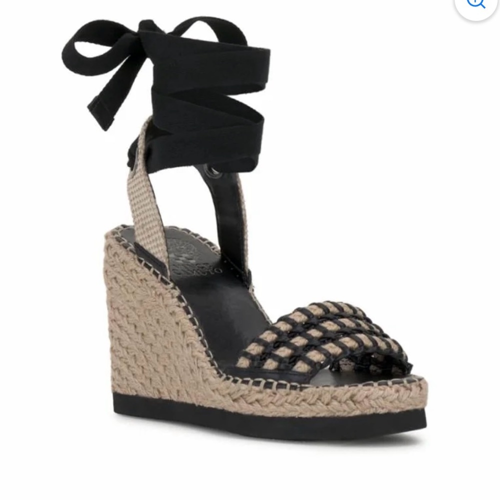 Vince Camuto Black and Natural Espadrille Wedge Sandals with Ankle Wraps